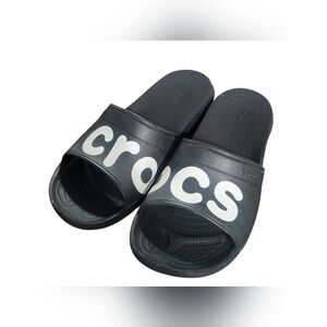 Crocs Black Slides Iconic Classic Sandals Graphic Spell Out Mens 11 Black Unisex